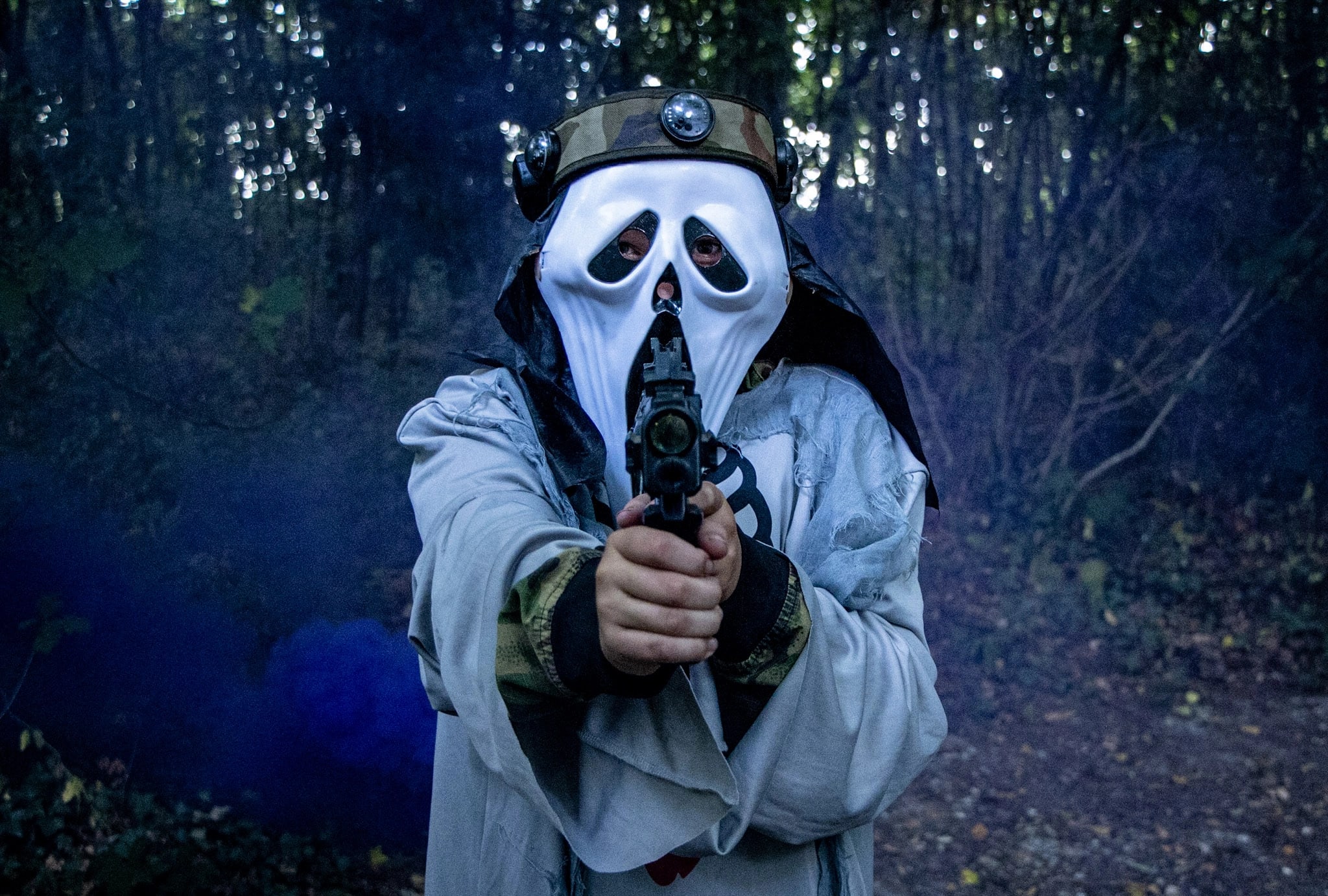 A boy dressed as a Halloween Ghost taking part in BattleZone:Apocalypse!